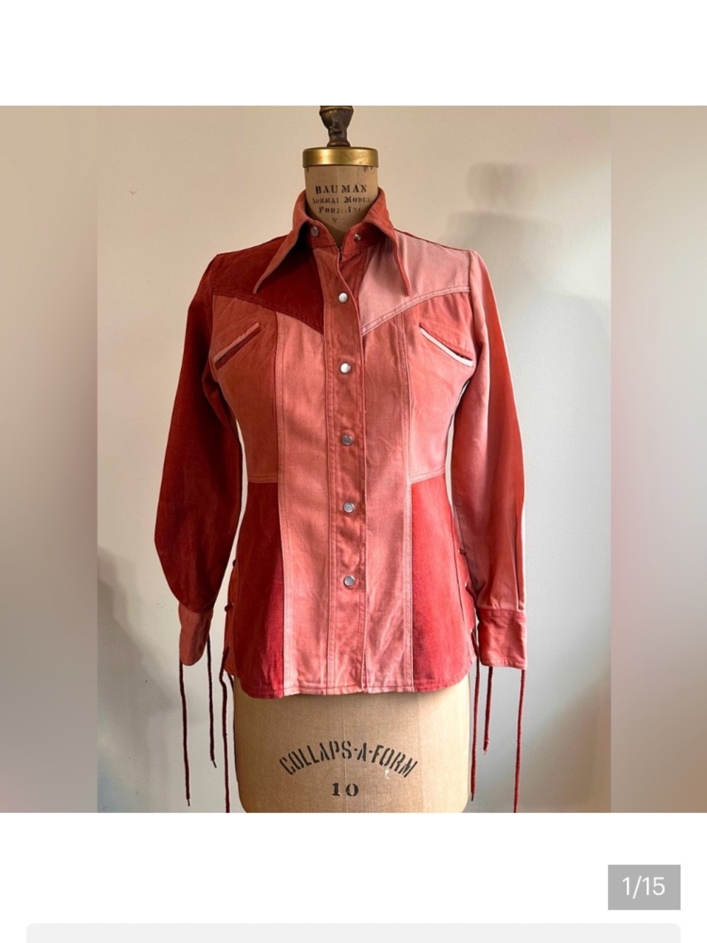 Vintage 1970s Western Patchwork Peach Brushed Shirt color Blocked lace 2pc jeans